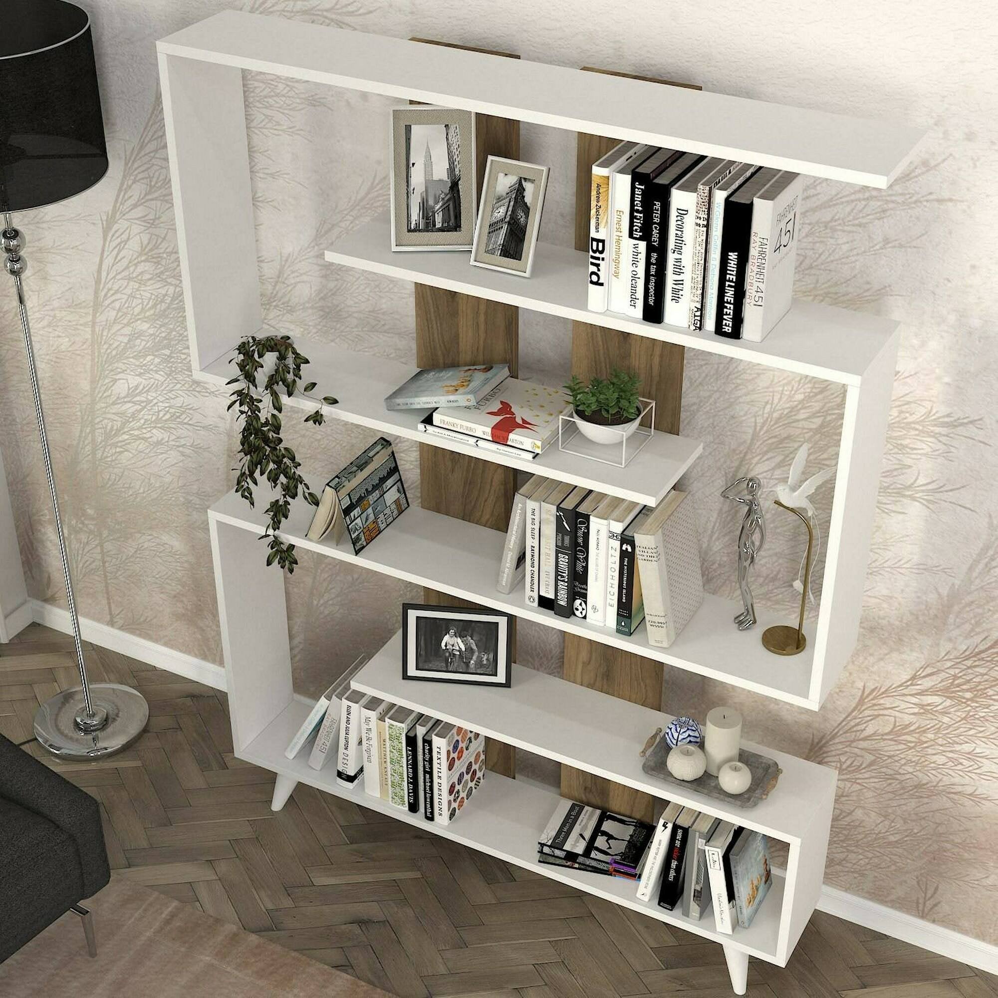 Libreria Spodumene, Scaffale da ufficio, Mobile portalibri, Biblioteca, 120x20h162 cm, Bianco e Noce