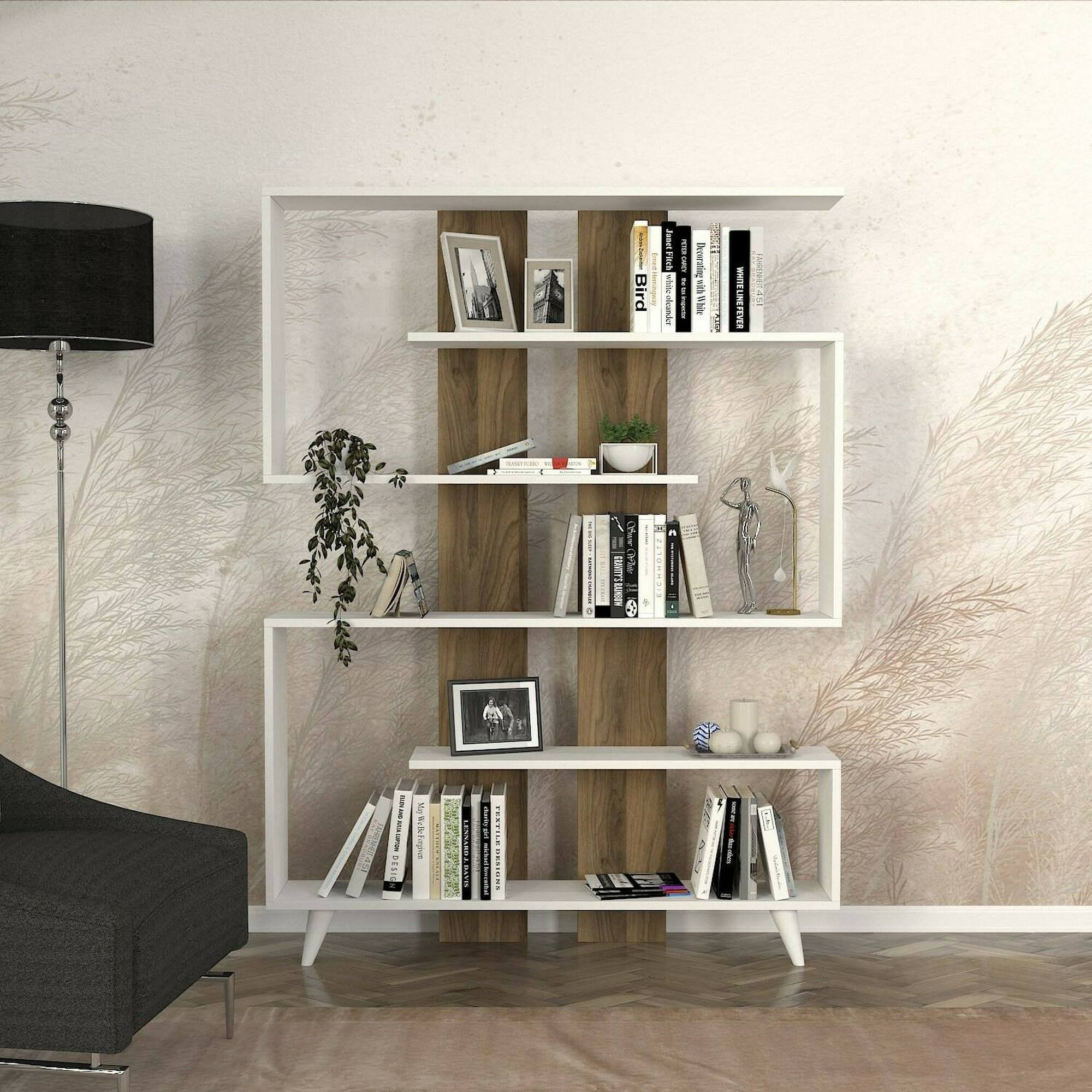 Libreria Spodumene, Scaffale da ufficio, Mobile portalibri, Biblioteca, 120x20h162 cm, Bianco e Noce