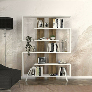 Libreria Spodumene, Scaffale da ufficio, Mobile portalibri, Biblioteca, 120x20h162 cm, Bianco e Noce