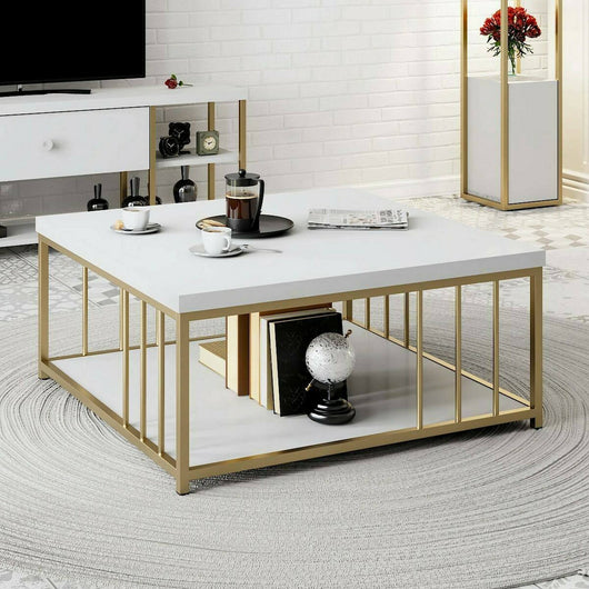 Tavolino da salotto Raiden, Tavolo basso da caffè, Portariviste per divano, Ripiano da soggiorno, 90x39h40 cm, Bianco e Oro