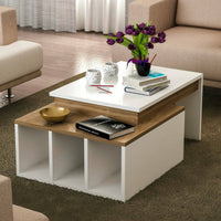 Tavolino da salotto Virgile, Tavolo basso da caffè, Portariviste per divano, Ripiano da soggiorno, 90x60h37 cm, Bianco e Noce