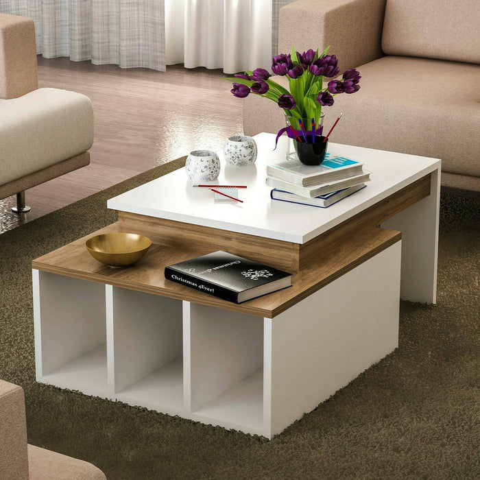Tavolino da salotto Virgile, Tavolo basso da caffè, Portariviste per divano, Ripiano da soggiorno, 90x60h37 cm, Bianco e Noce