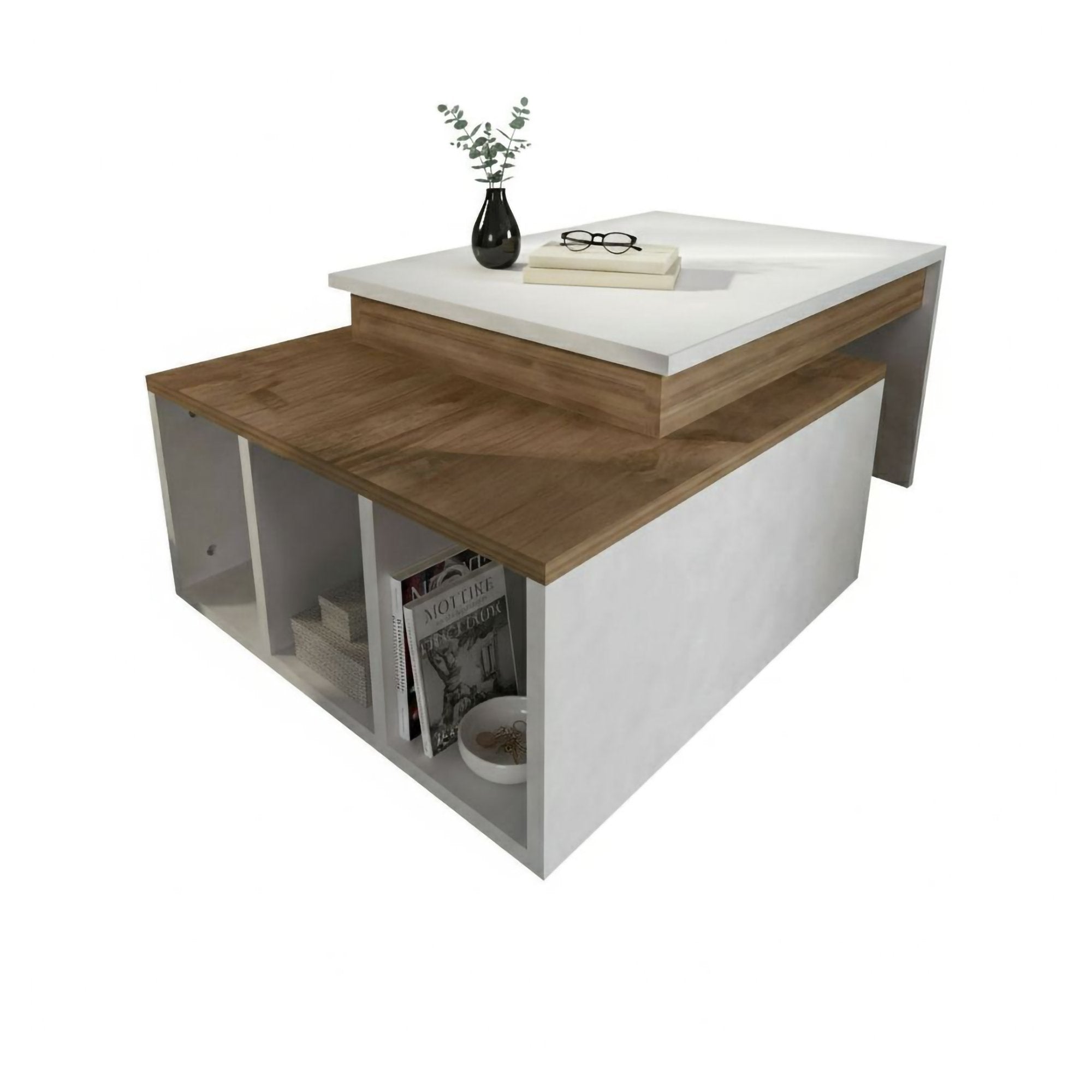 Tavolino da salotto Virgile, Tavolo basso da caffè, Portariviste per divano, Ripiano da soggiorno, 90x60h37 cm, Bianco e Noce