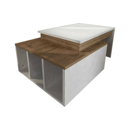 Tavolino da salotto Virgile, Tavolo basso da caffè, Portariviste per divano, Ripiano da soggiorno, 90x60h37 cm, Bianco e Noce