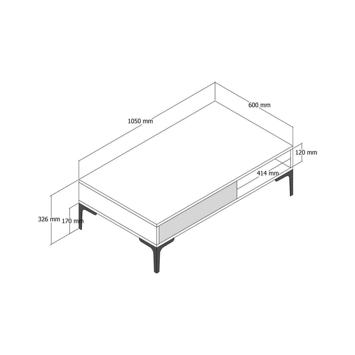 Tavolino da salotto Gru, Tavolo basso da caffè, Portariviste per divano, Ripiano da soggiorno, 105x60h33 cm, Noce e Bianco