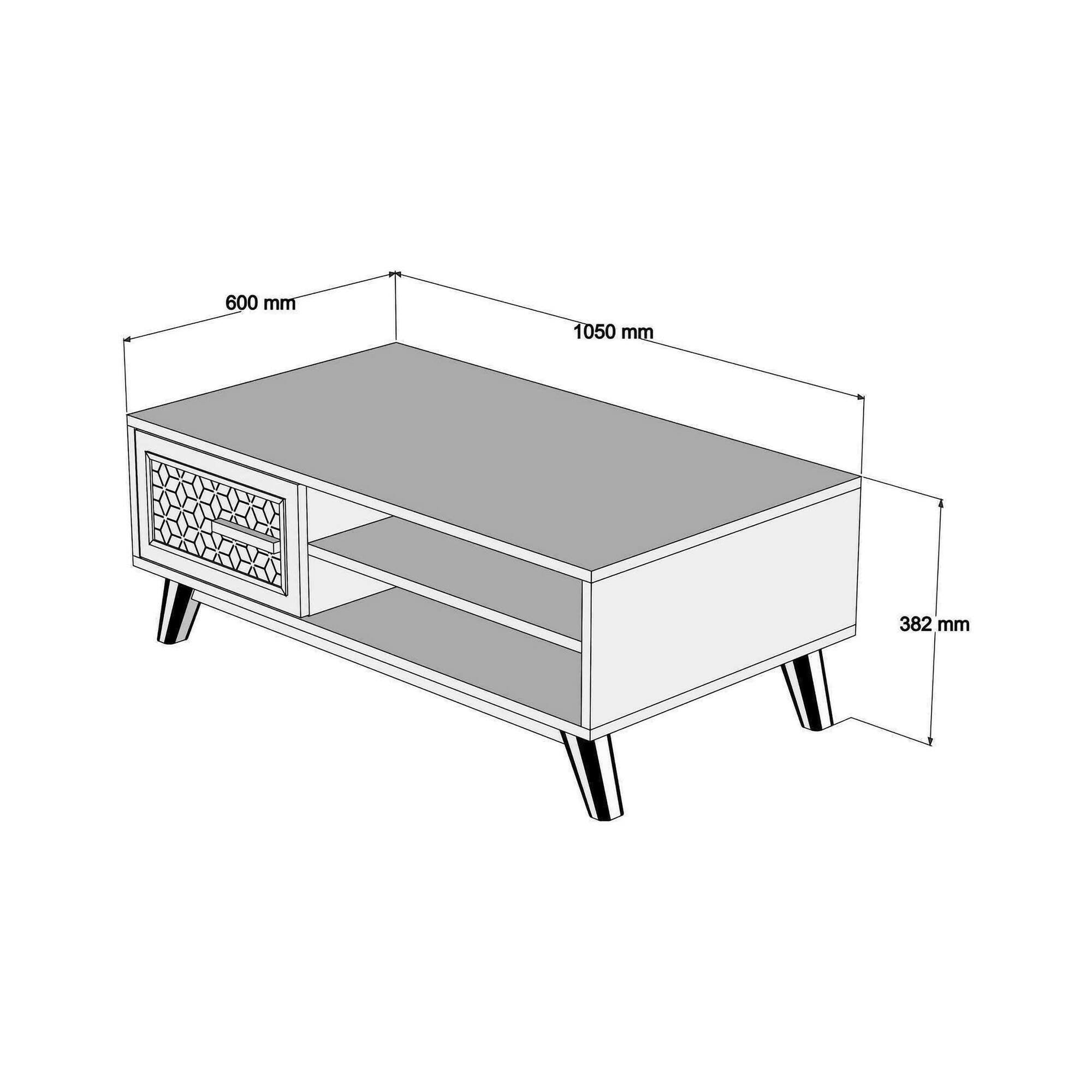 Tavolino da salotto Thimphu, Tavolo basso da caffè, Portariviste per divano, Ripiano da soggiorno, 105x60h38 cm, Noce e Bianco