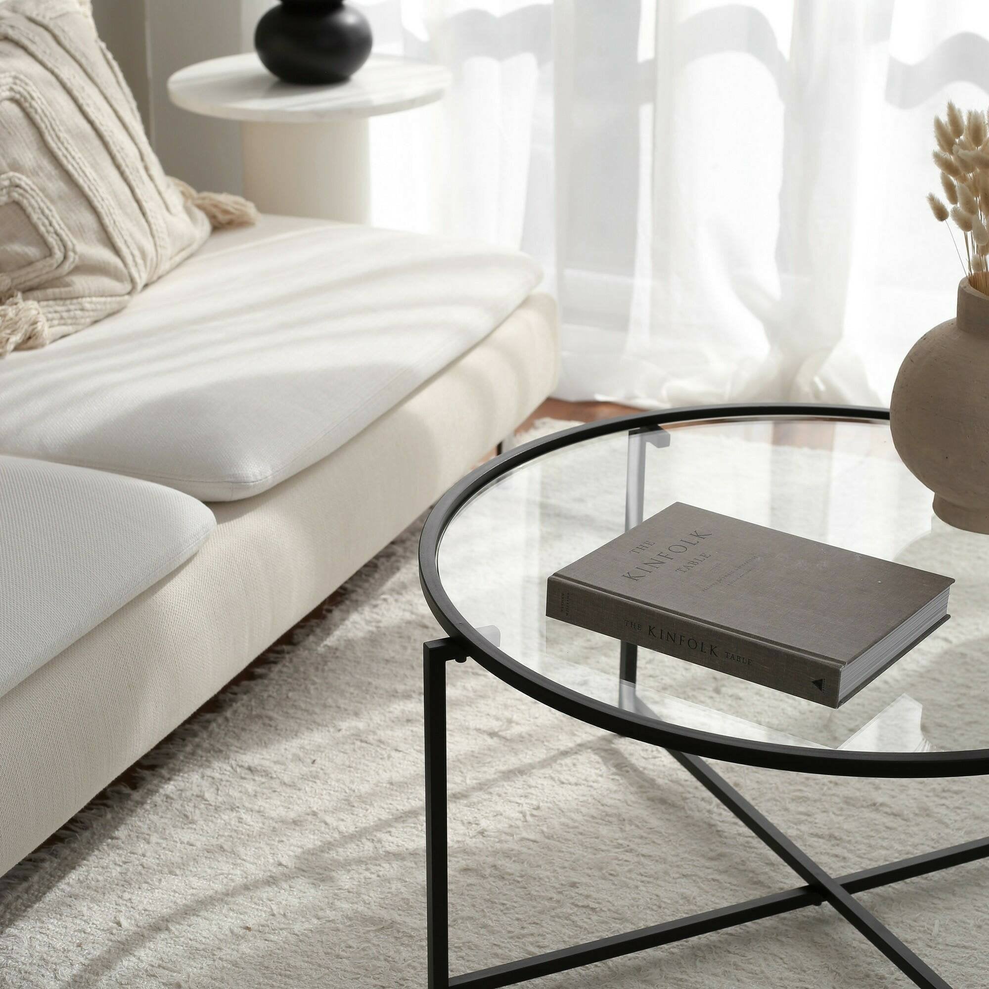 Tavolino da salotto Ecaterina, Tavolo basso da caffè, Portariviste per divano, Ripiano da soggiorno, 83x82h40 cm, Nero