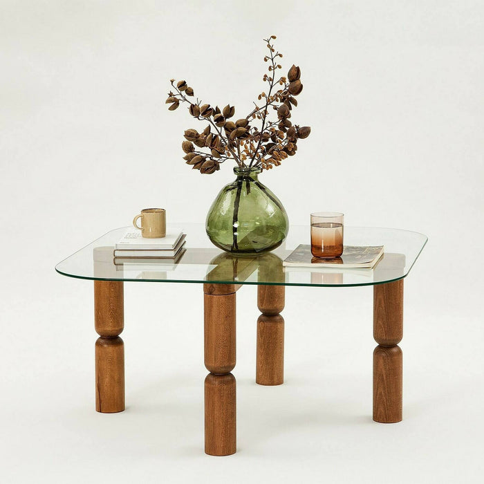 Tavolino da salotto Gran, Tavolo basso da caffè, Portariviste per divano, Ripiano da soggiorno, 80x80h40 cm, Noce e Trasparente