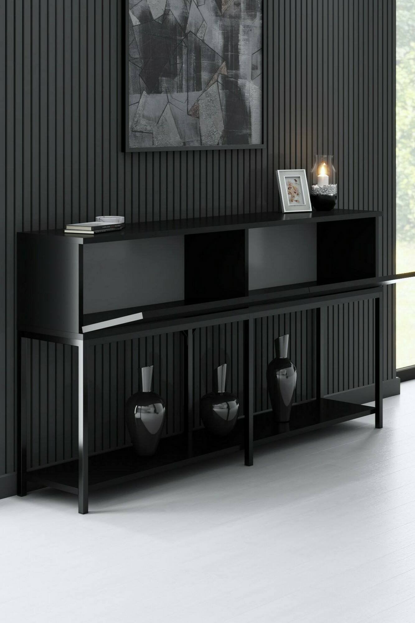 Credenza Basilia, Buffet da soggiorno, Madia da salotto, Dispensa da cucina, 150x30h80 cm, Nero
