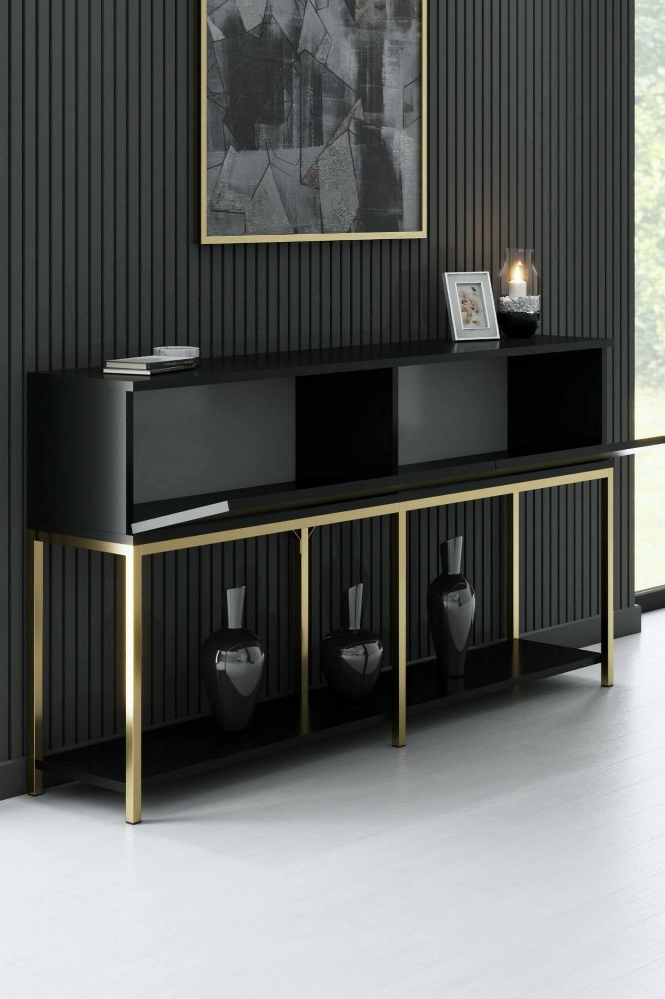 Credenza Basilia, Buffet da soggiorno, Madia da salotto, Dispensa da cucina, 150x30h80 cm, Nero e Oro
