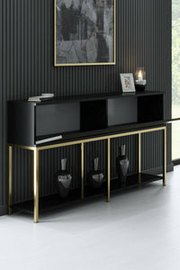 Credenza Basilia, Buffet da soggiorno, Madia da salotto, Dispensa da cucina, 150x30h80 cm, Nero e Oro