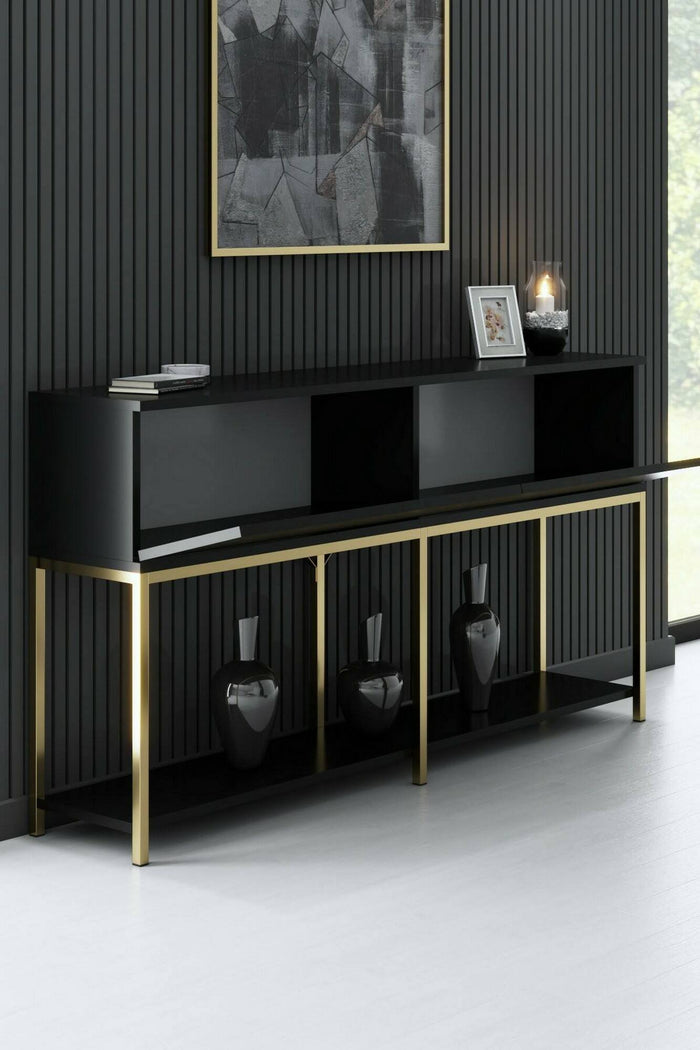 Credenza Basilia, Buffet da soggiorno, Madia da salotto, Dispensa da cucina, 150x30h80 cm, Nero e Oro