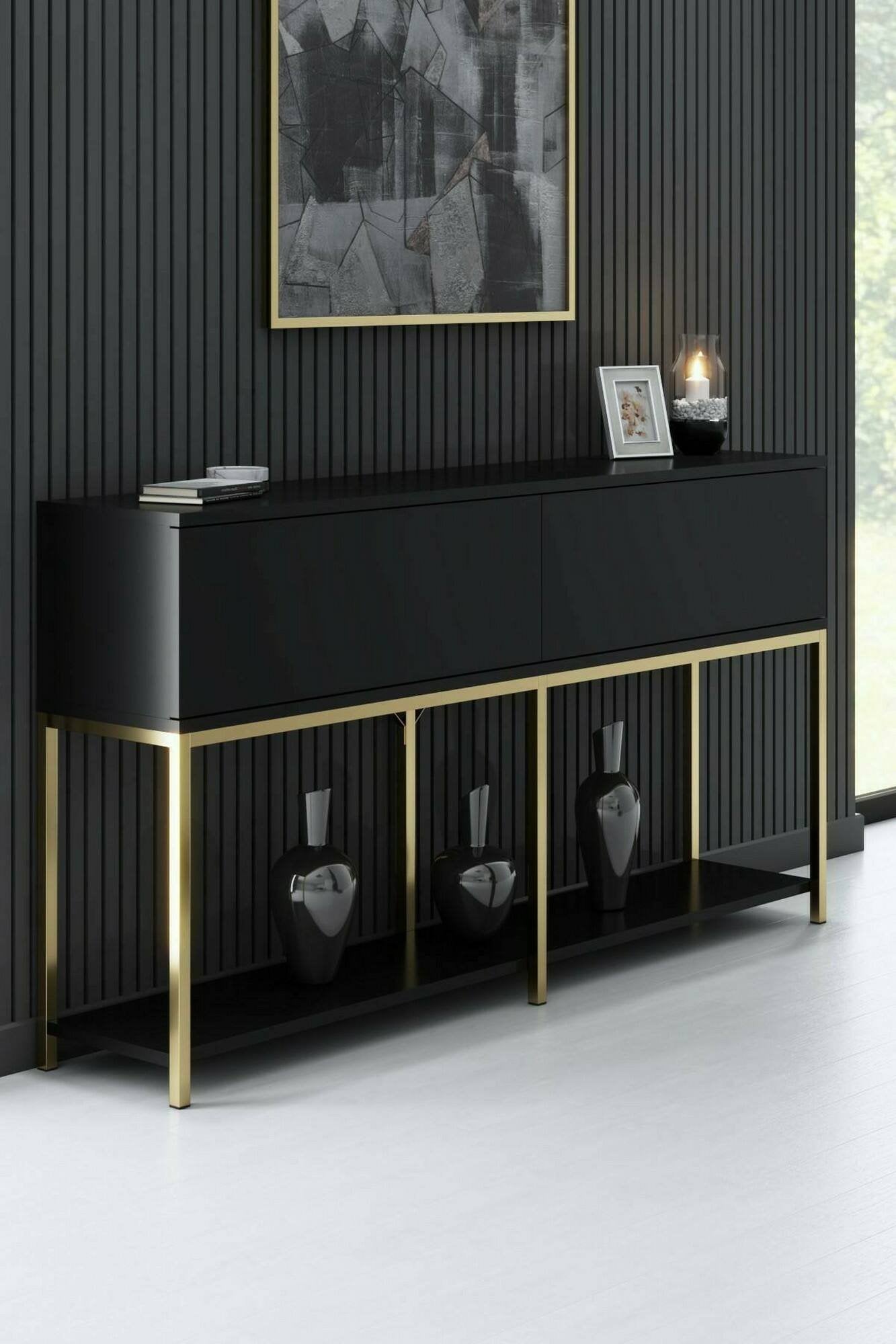 Credenza Basilia, Buffet da soggiorno, Madia da salotto, Dispensa da cucina, 150x30h80 cm, Nero e Oro