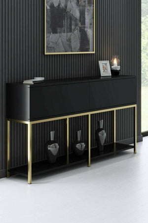 Credenza Basilia, Buffet da soggiorno, Madia da salotto, Dispensa da cucina, 150x30h80 cm, Nero e Oro