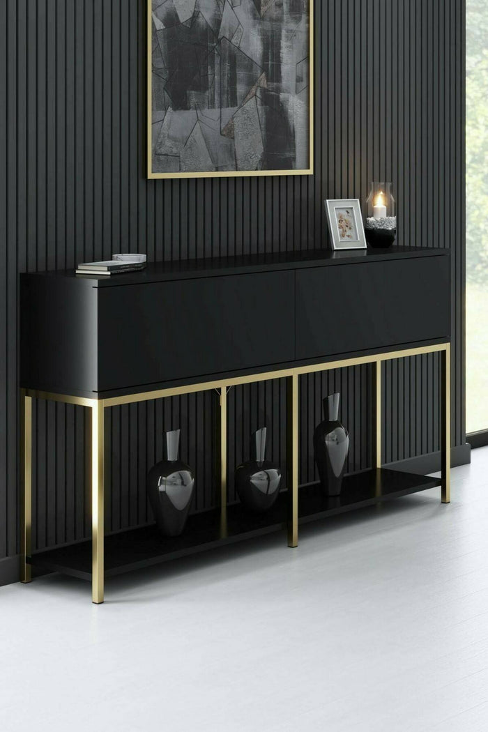 Credenza Basilia, Buffet da soggiorno, Madia da salotto, Dispensa da cucina, 150x30h80 cm, Nero e Oro