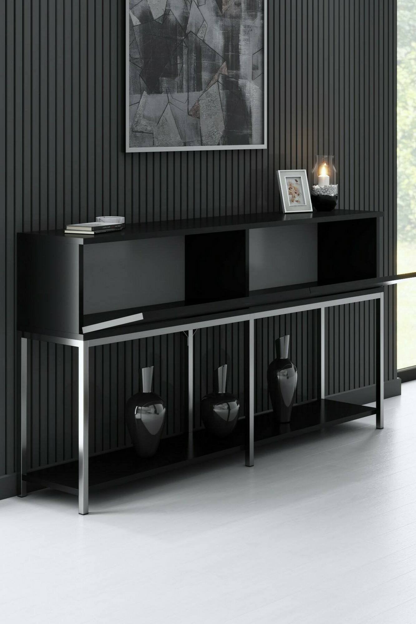 Credenza Basilia, Buffet da soggiorno, Madia da salotto, Dispensa da cucina, 150x30h80 cm, Nero e Argento