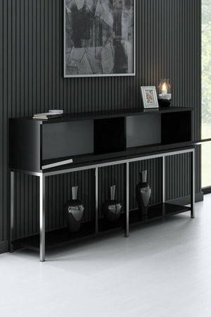 Credenza Basilia, Buffet da soggiorno, Madia da salotto, Dispensa da cucina, 150x30h80 cm, Nero e Argento