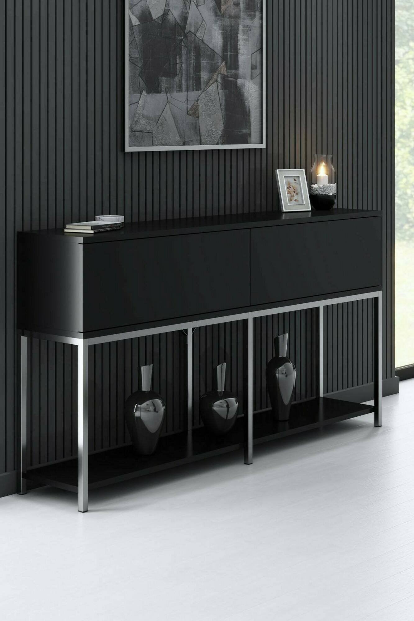 Credenza Basilia, Buffet da soggiorno, Madia da salotto, Dispensa da cucina, 150x30h80 cm, Nero e Argento