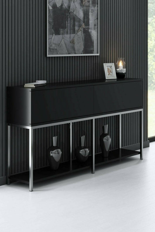 Credenza Basilia, Buffet da soggiorno, Madia da salotto, Dispensa da cucina, 150x30h80 cm, Nero e Argento