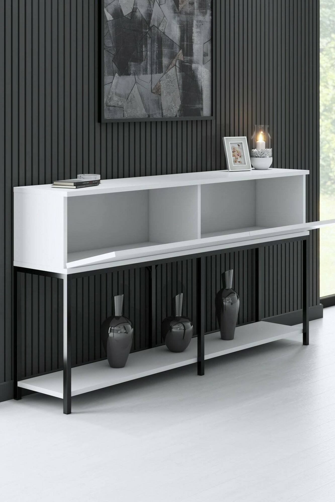 Credenza Basilia, Buffet da soggiorno, Madia da salotto, Dispensa da cucina, 150x30h80 cm, Bianco e Nero