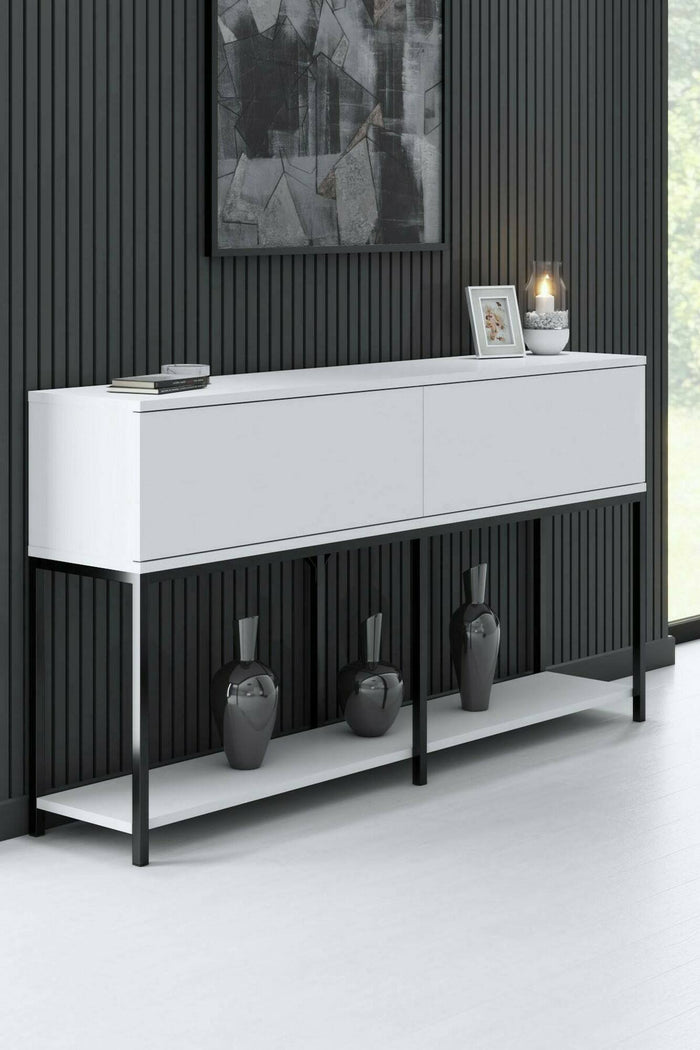 Credenza Basilia, Buffet da soggiorno, Madia da salotto, Dispensa da cucina, 150x30h80 cm, Bianco e Nero