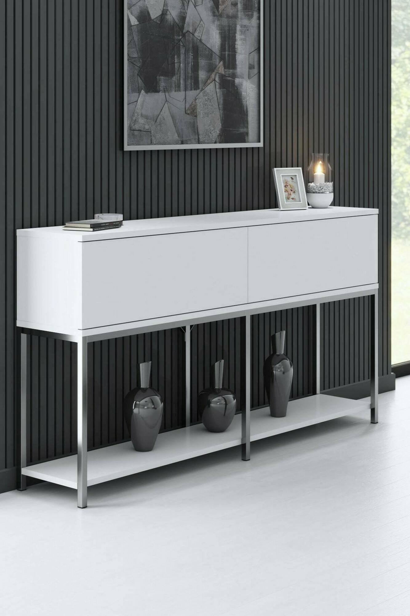 Credenza Basilia, Buffet da soggiorno, Madia da salotto, Dispensa da cucina, 150x30h80 cm, Bianco e Argento