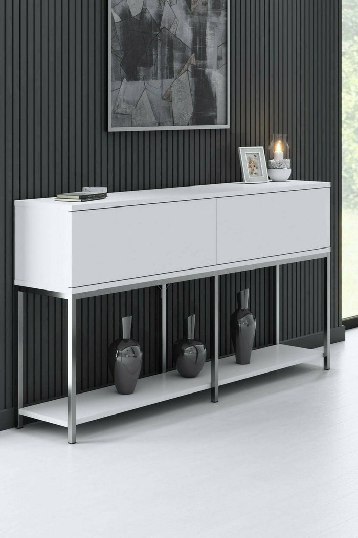 Credenza Basilia, Buffet da soggiorno, Madia da salotto, Dispensa da cucina, 150x30h80 cm, Bianco e Argento