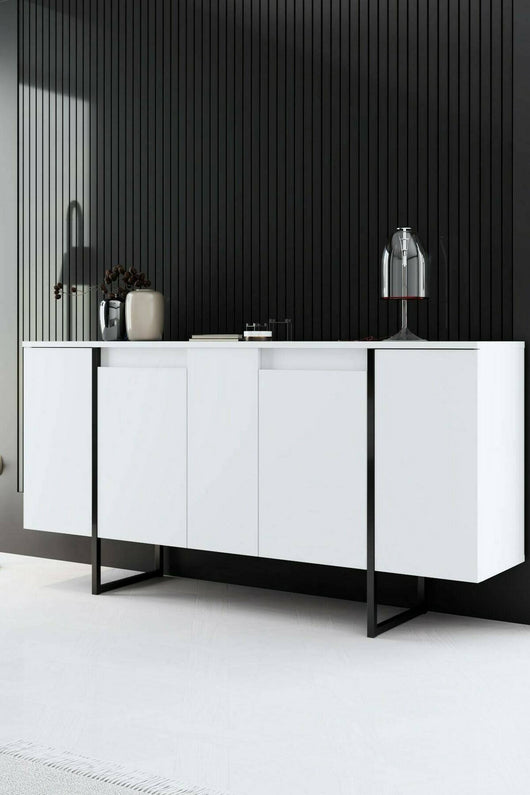 Credenza Arta, Buffet da soggiorno, Madia da salotto, Dispensa da cucina, 160x35h80 cm, Bianco e Nero