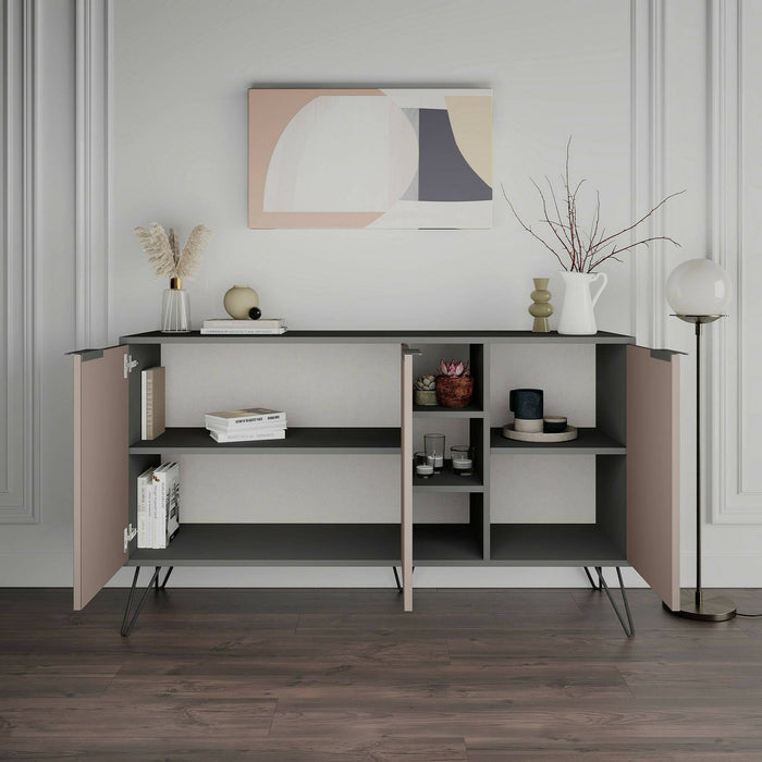 Credenza Alin, Buffet da soggiorno, Madia da salotto, Dispensa da cucina, 142x36h83 cm, Antracite e Beige