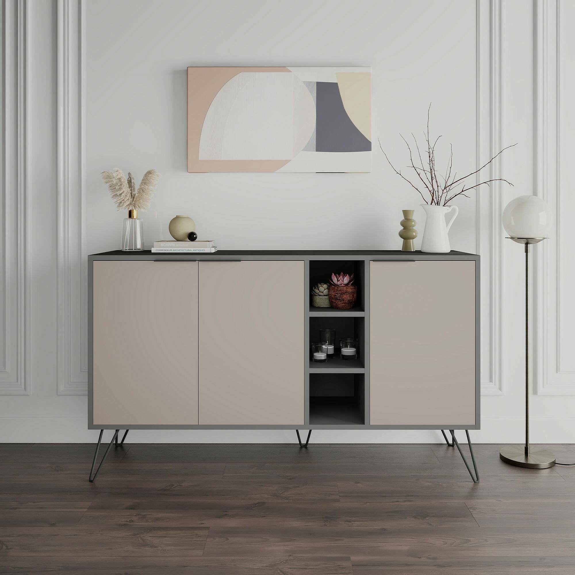 Credenza Alin, Buffet da soggiorno, Madia da salotto, Dispensa da cucina, 142x36h83 cm, Antracite e Beige