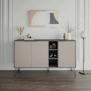 Credenza Alin, Buffet da soggiorno, Madia da salotto, Dispensa da cucina, 142x36h83 cm, Antracite e Beige