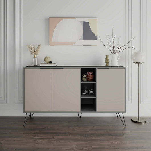 Credenza Alin, Buffet da soggiorno, Madia da salotto, Dispensa da cucina, 142x36h83 cm, Antracite e Beige