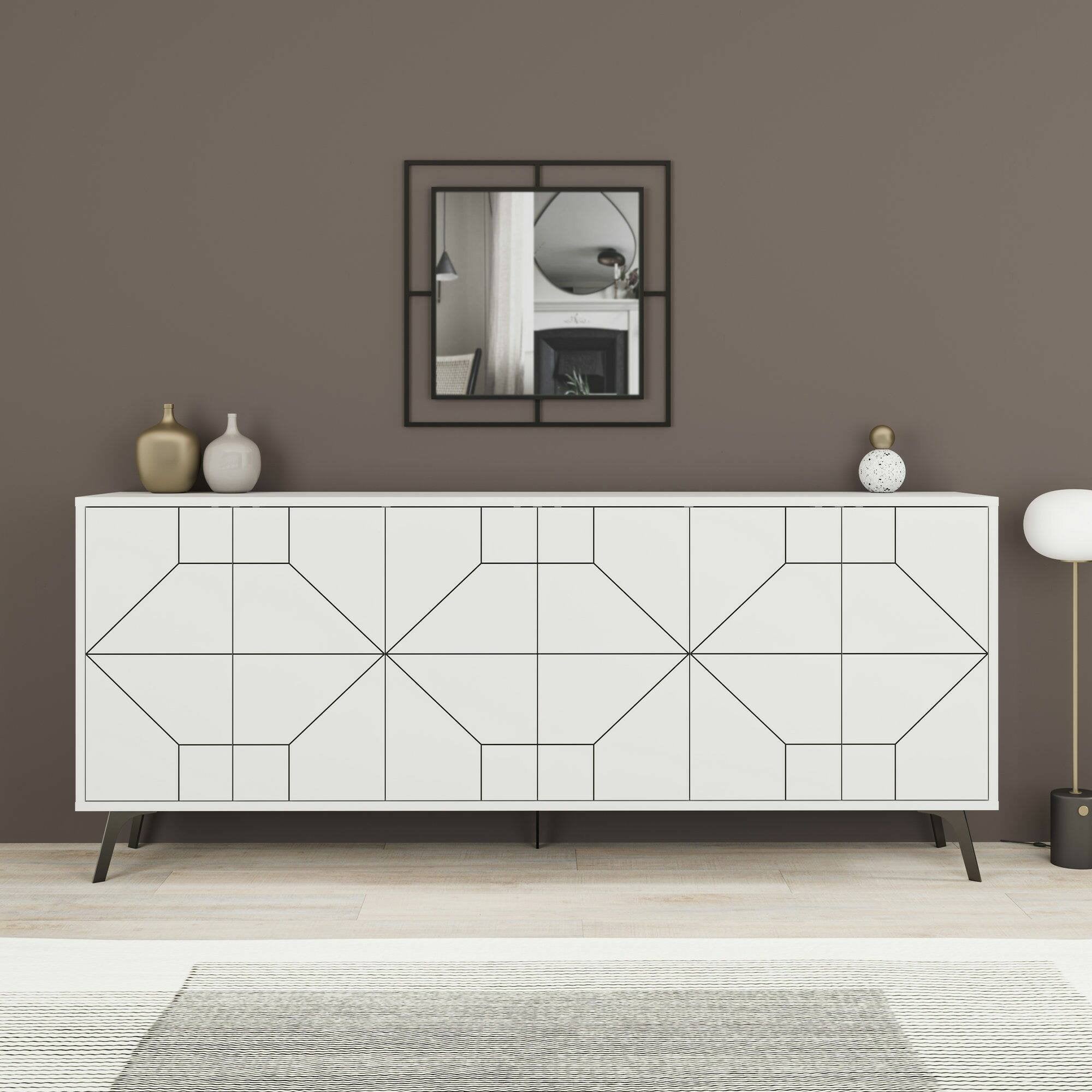 Credenza Africo, Buffet da soggiorno, Madia da salotto, Dispensa da cucina, 184x35h77 cm, Bianco