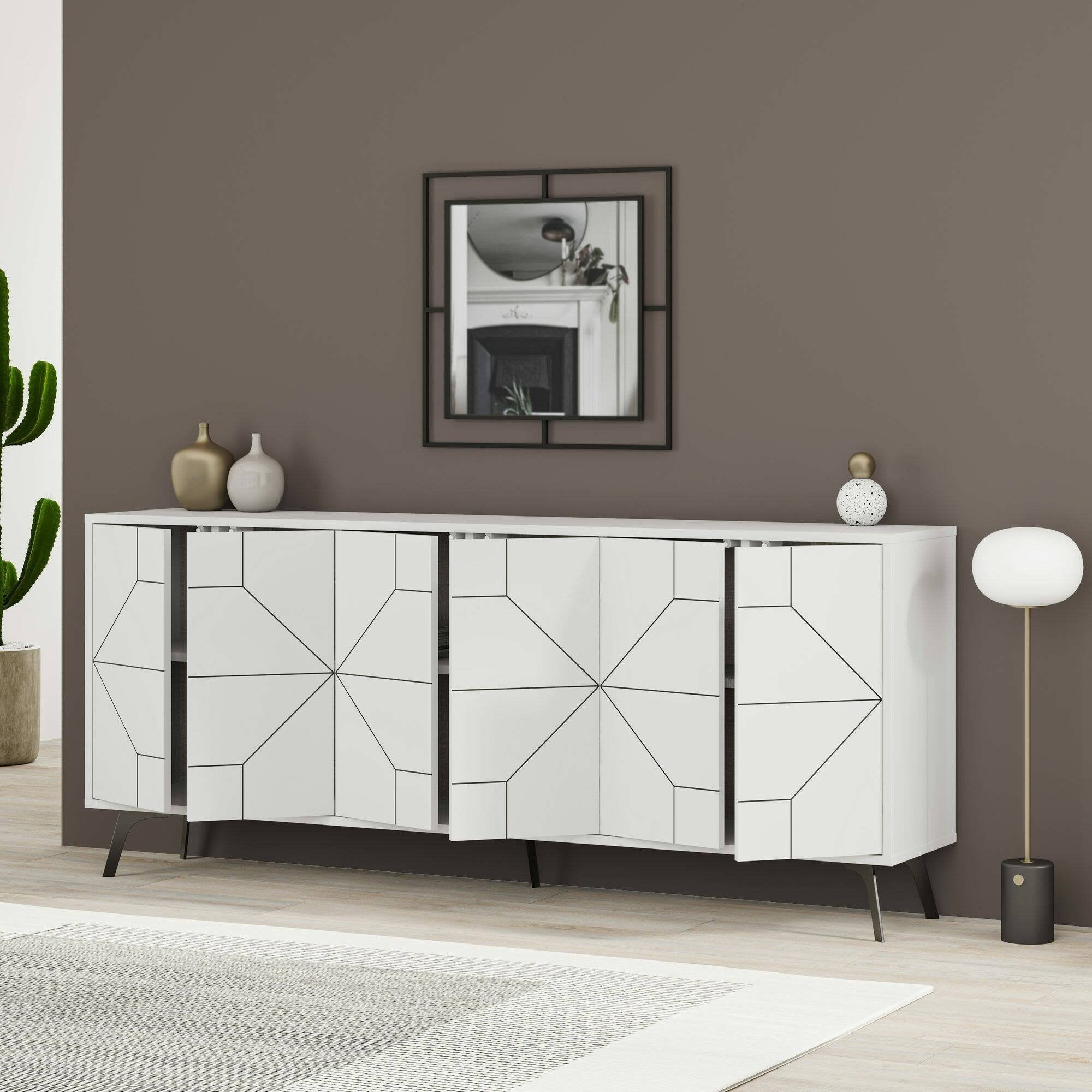 Credenza Africo, Buffet da soggiorno, Madia da salotto, Dispensa da cucina, 184x35h77 cm, Bianco