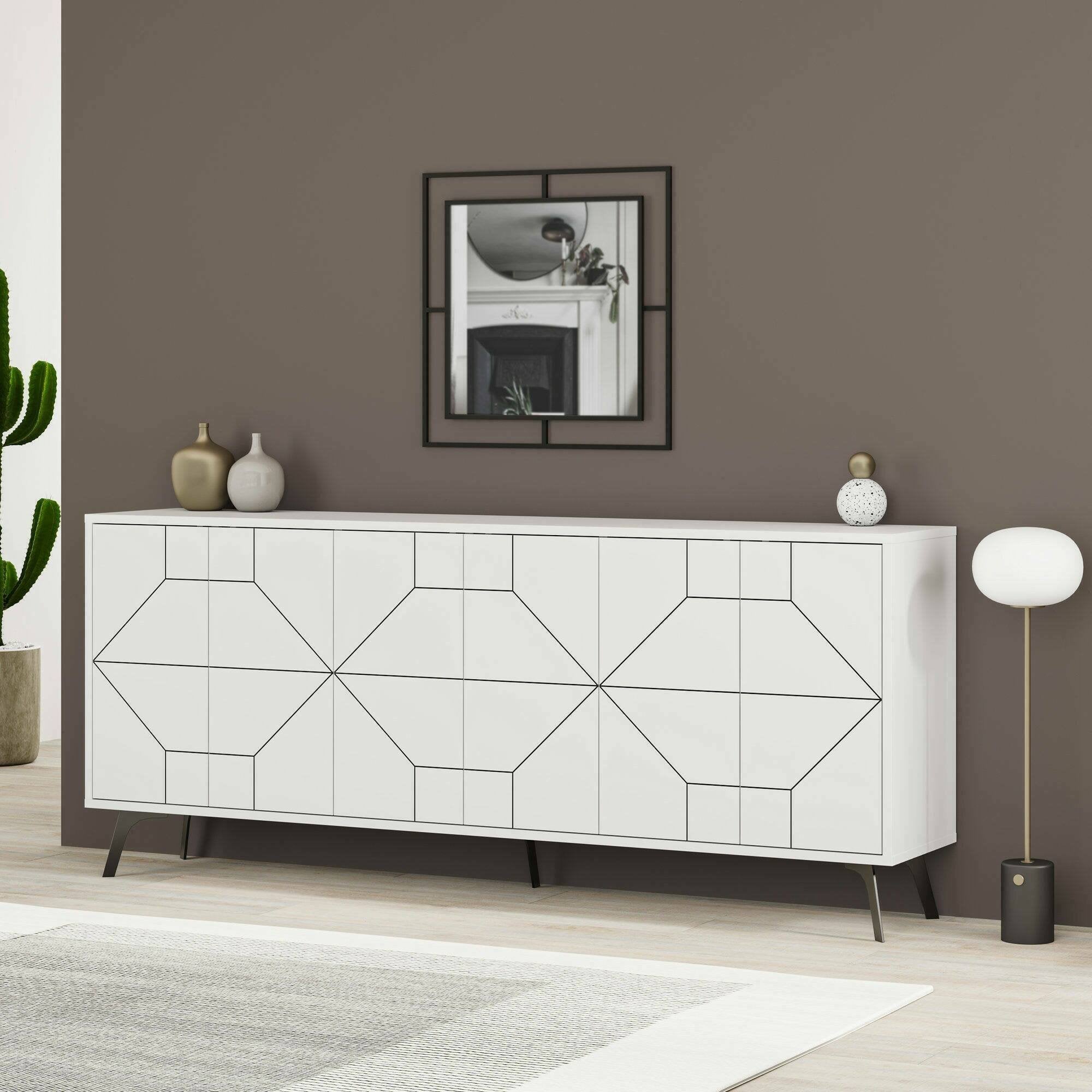 Credenza Africo, Buffet da soggiorno, Madia da salotto, Dispensa da cucina, 184x35h77 cm, Bianco