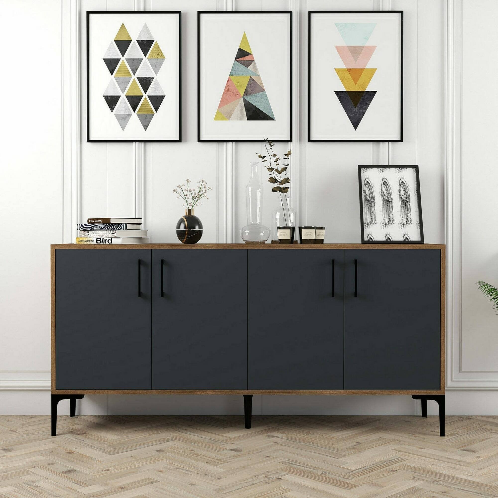 Credenza Soraya, Buffet da soggiorno, Madia da salotto, Dispensa da cucina, 160x35h78 cm, Noce e Antracite