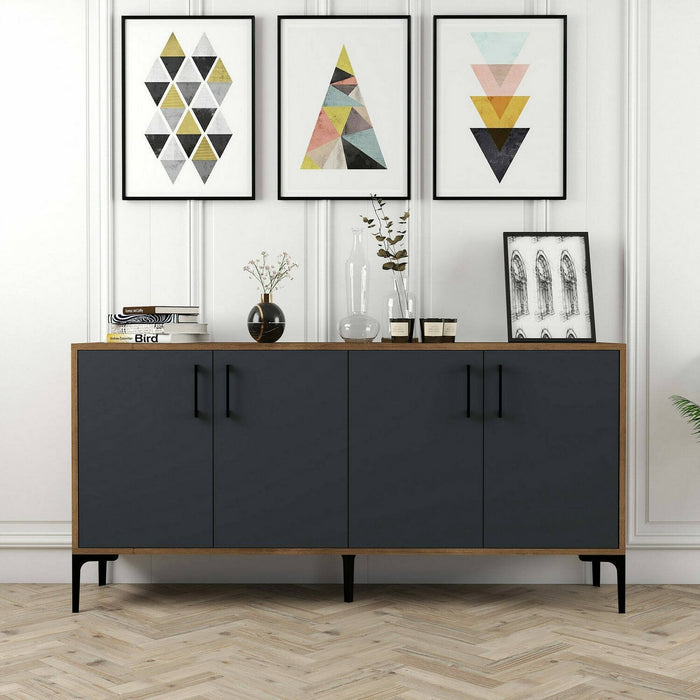 Credenza Soraya, Buffet da soggiorno, Madia da salotto, Dispensa da cucina, 160x35h78 cm, Noce e Antracite