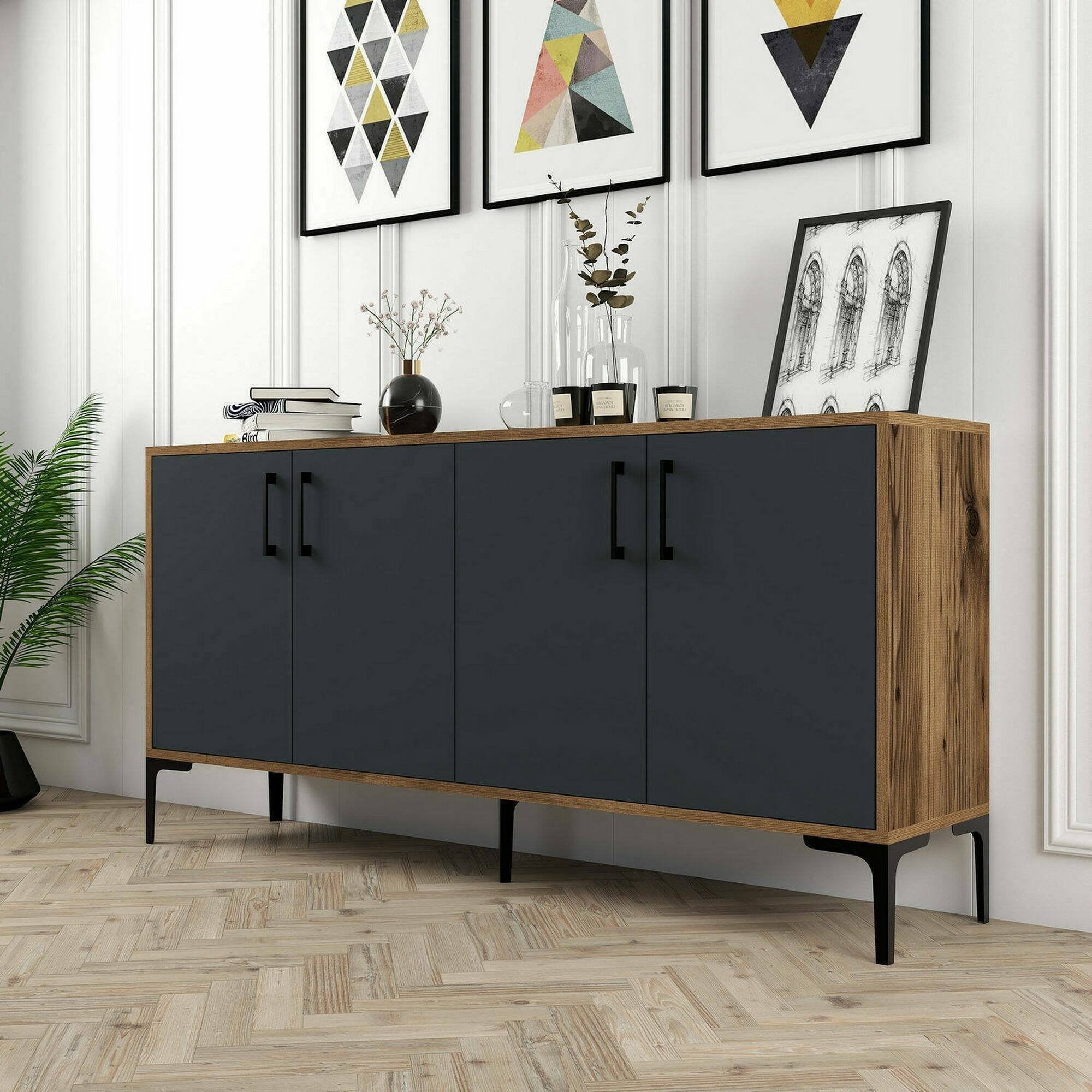 Credenza Soraya, Buffet da soggiorno, Madia da salotto, Dispensa da cucina, 160x35h78 cm, Noce e Antracite