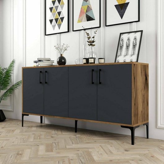 Credenza Soraya, Buffet da soggiorno, Madia da salotto, Dispensa da cucina, 160x35h78 cm, Noce e Antracite