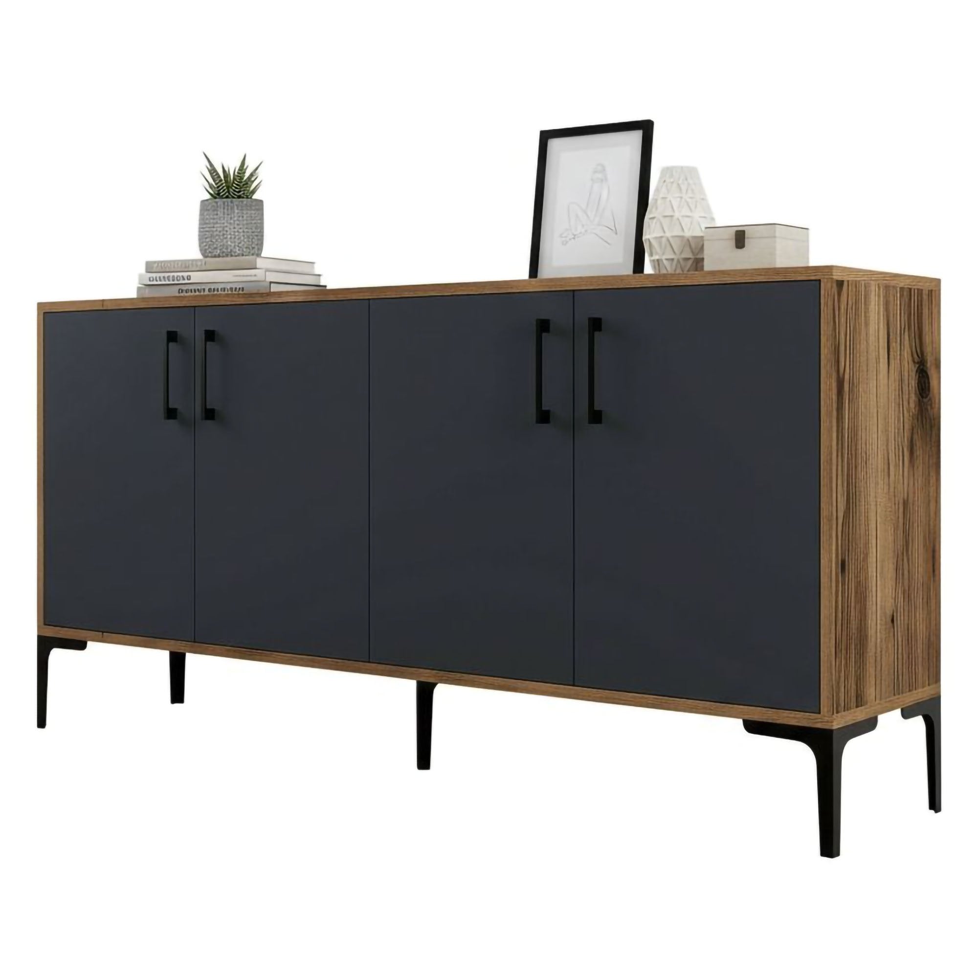 Credenza Soraya, Buffet da soggiorno, Madia da salotto, Dispensa da cucina, 160x35h78 cm, Noce e Antracite