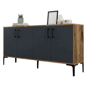Credenza Soraya, Buffet da soggiorno, Madia da salotto, Dispensa da cucina, 160x35h78 cm, Noce e Antracite
