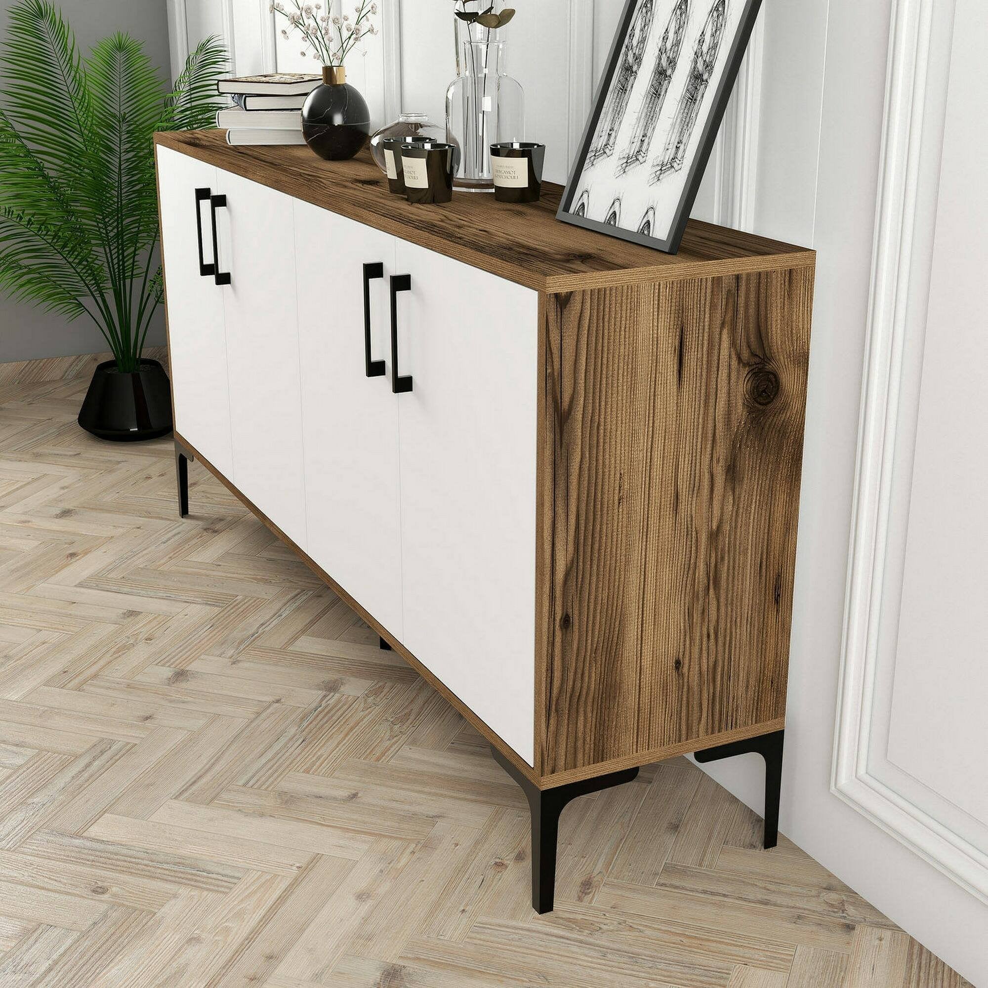 Credenza Soraya, Buffet da soggiorno, Madia da salotto, Dispensa da cucina, 160x35h78 cm, Noce e Bianco