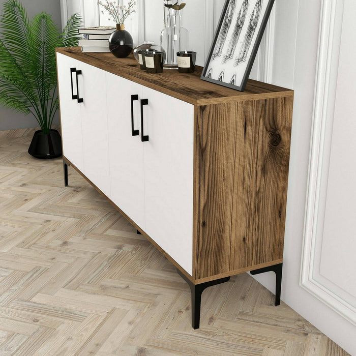 Credenza Soraya, Buffet da soggiorno, Madia da salotto, Dispensa da cucina, 160x35h78 cm, Noce e Bianco