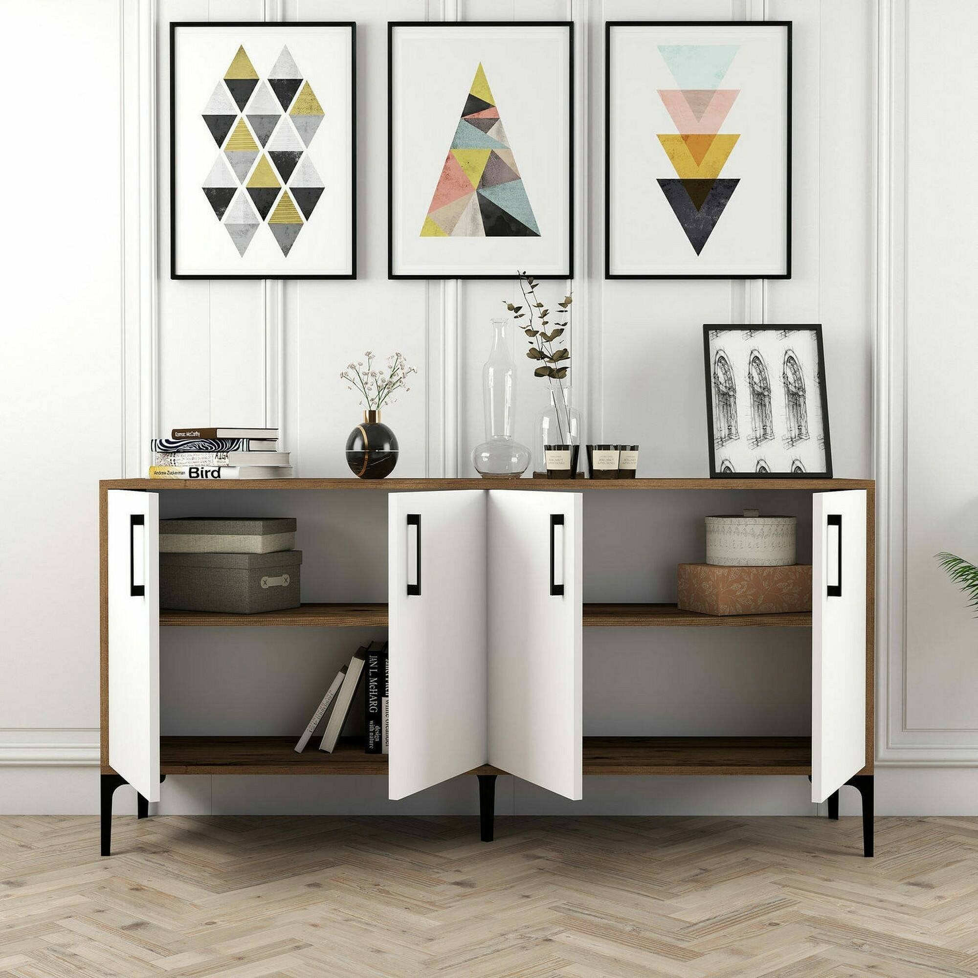 Credenza Soraya, Buffet da soggiorno, Madia da salotto, Dispensa da cucina, 160x35h78 cm, Noce e Bianco