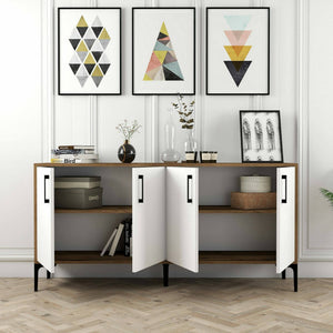 Credenza Soraya, Buffet da soggiorno, Madia da salotto, Dispensa da cucina, 160x35h78 cm, Noce e Bianco