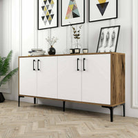Credenza Soraya, Buffet da soggiorno, Madia da salotto, Dispensa da cucina, 160x35h78 cm, Noce e Bianco