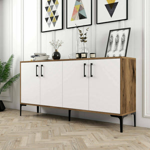 Credenza Soraya, Buffet da soggiorno, Madia da salotto, Dispensa da cucina, 160x35h78 cm, Noce e Bianco
