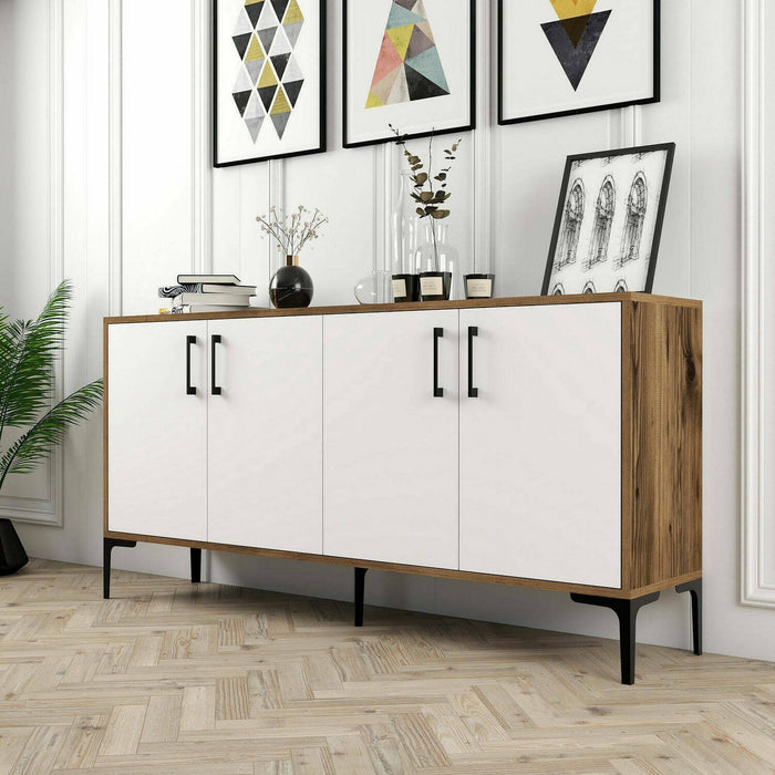 Credenza Soraya, Buffet da soggiorno, Madia da salotto, Dispensa da cucina, 160x35h78 cm, Noce e Bianco