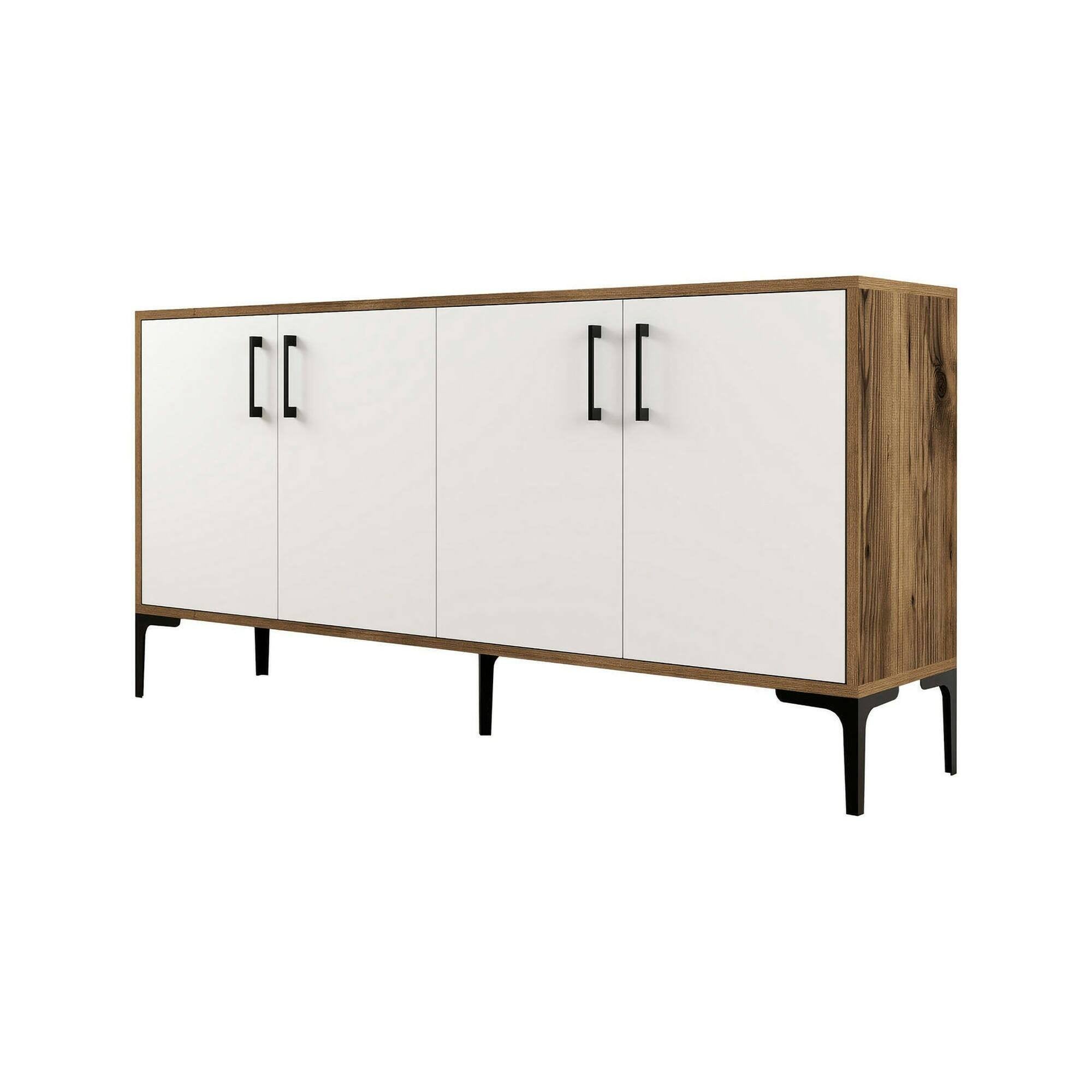 Credenza Soraya, Buffet da soggiorno, Madia da salotto, Dispensa da cucina, 160x35h78 cm, Noce e Bianco