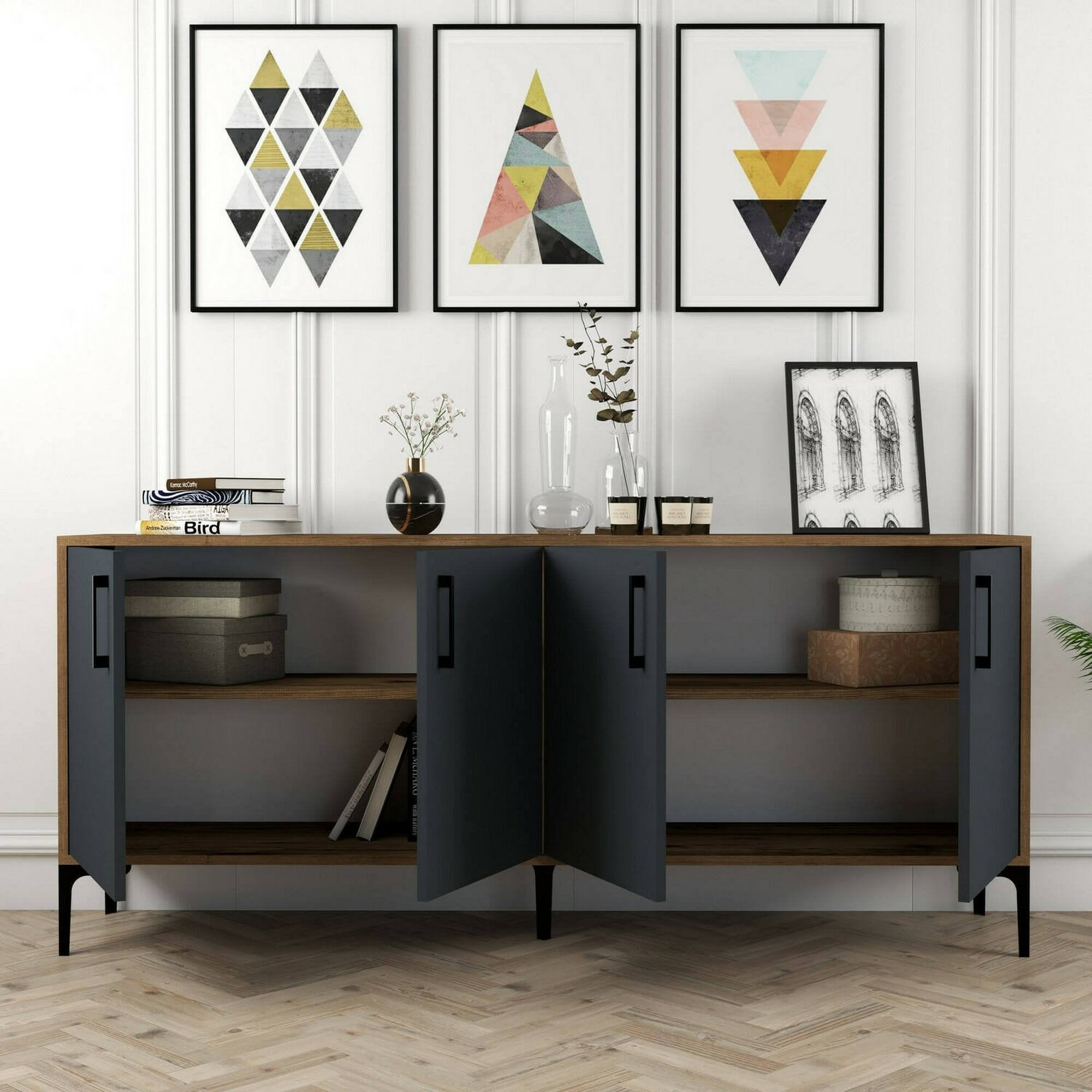 Credenza Agape, Buffet da soggiorno, Madia da salotto, Dispensa da cucina, 180x35h78 cm, Noce e Antracite
